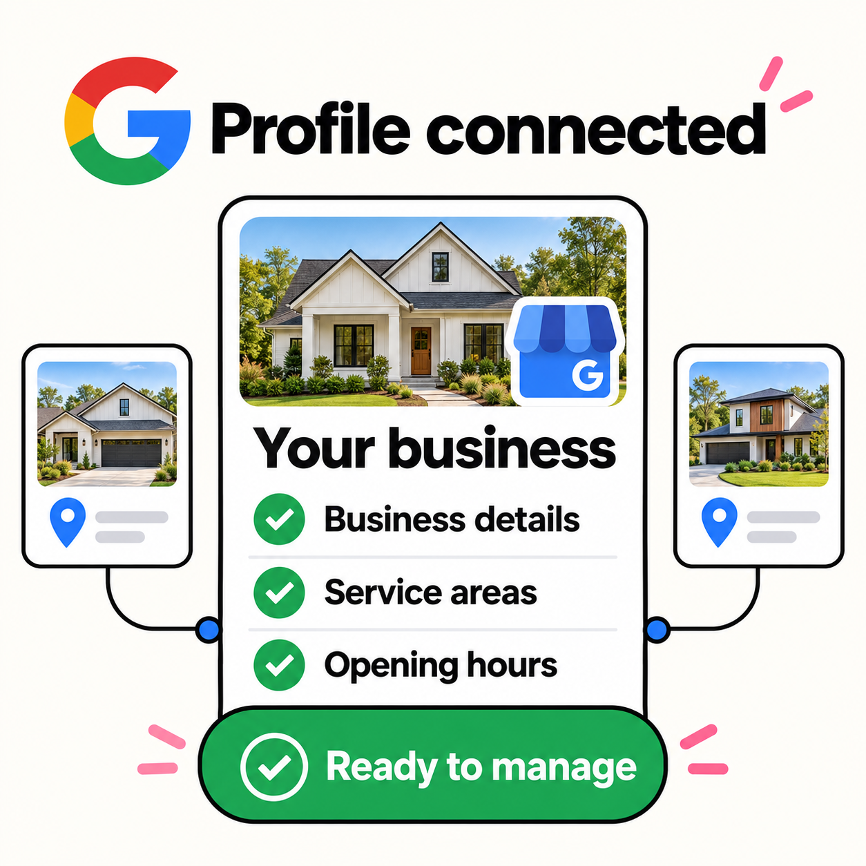 Google Business Profile connected: business details, service areas and opening hours ready to manage.