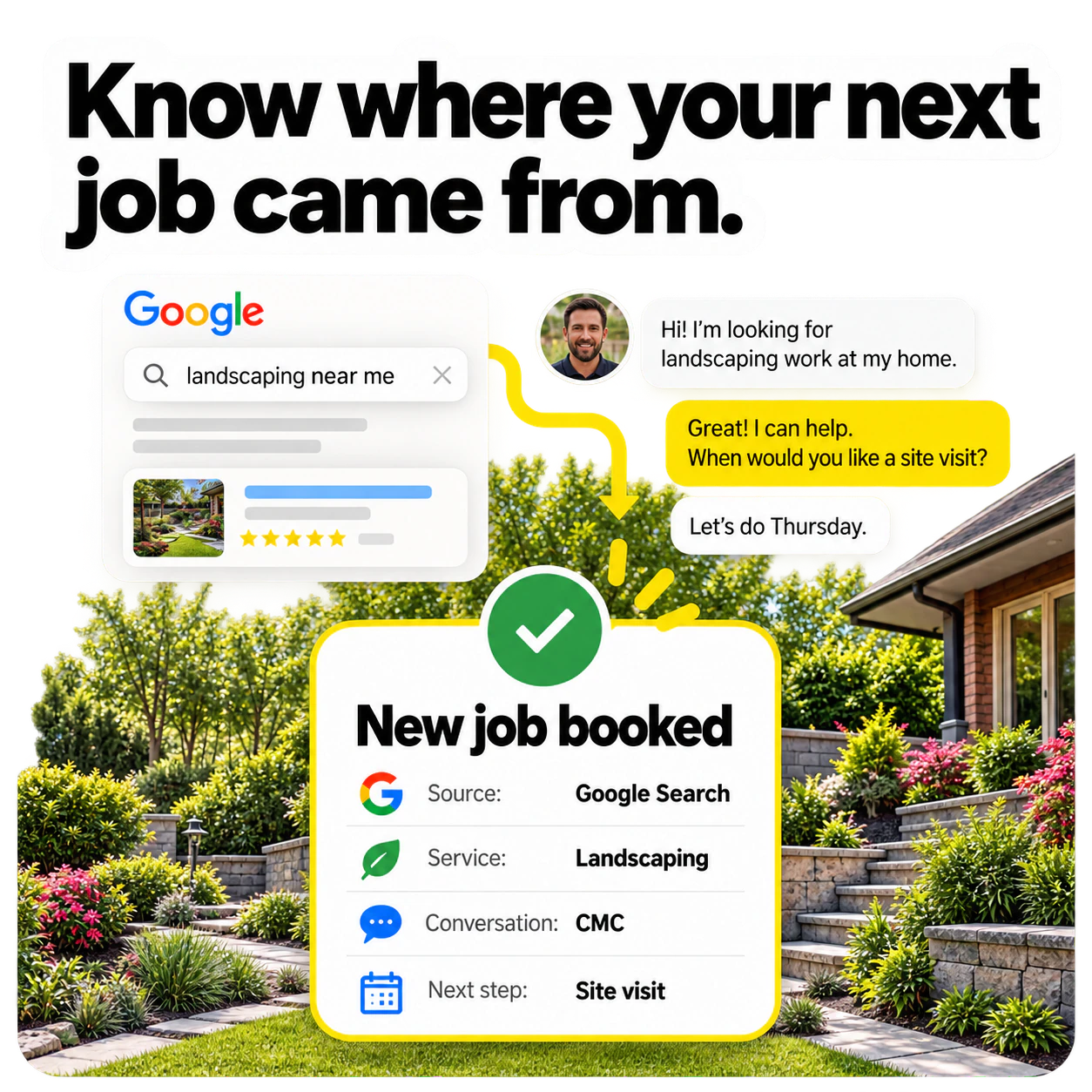 Google search and CMC conversation connected to a new landscaping job