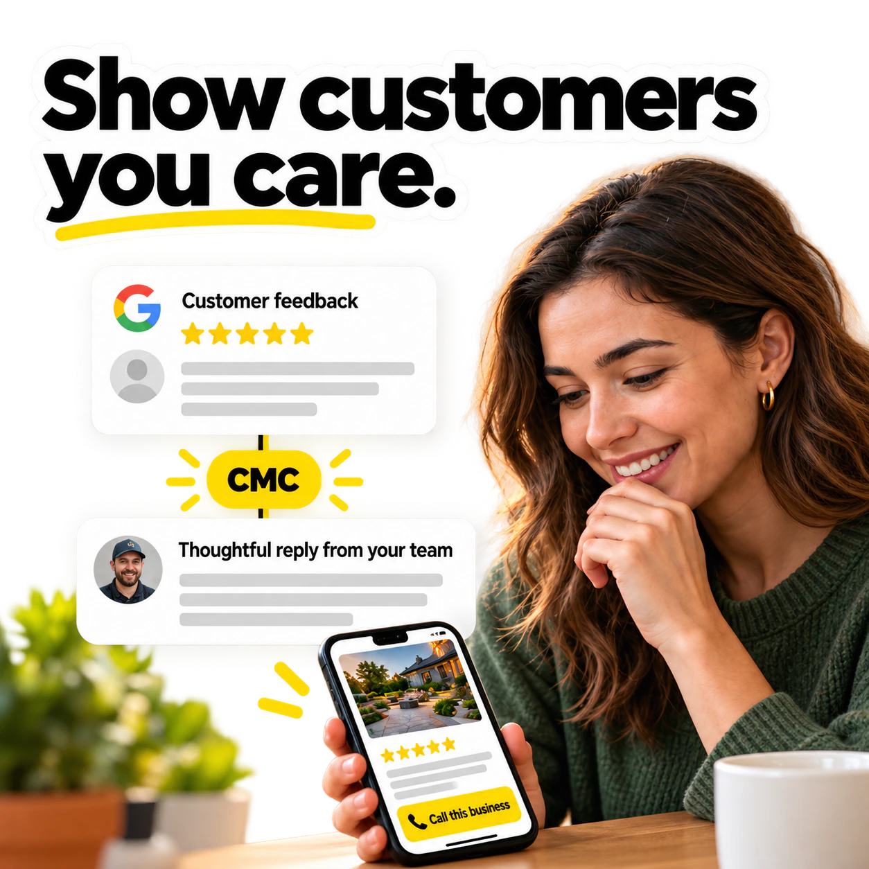 Customer reading a business review and a thoughtful reply