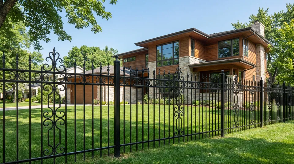 Completed ornamental fence installation surrounding a landscaped home