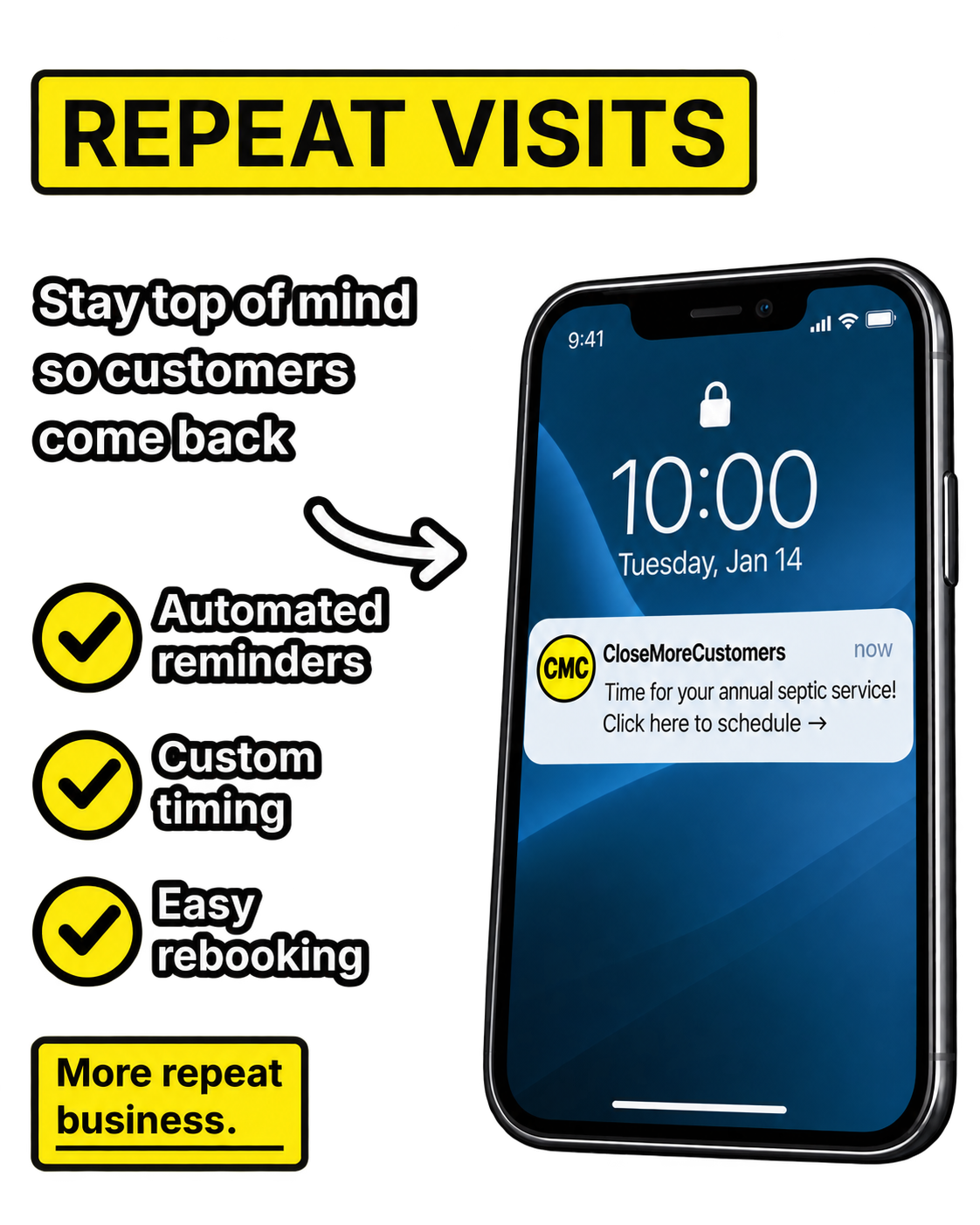 Repeat visits: Stay top of mind so customers come back. Automated reminders, custom timing, easy rebooking. More repeat business.