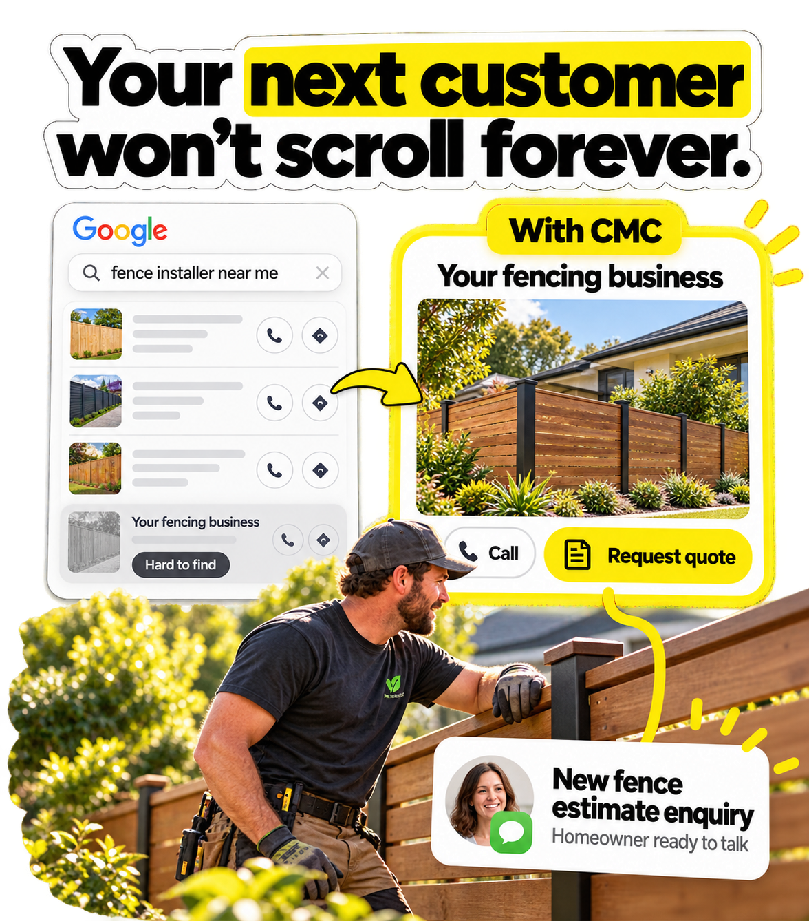 Your next customer won’t scroll forever. New fence estimate enquiry.