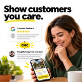 Customer reading a business review and a thoughtful reply