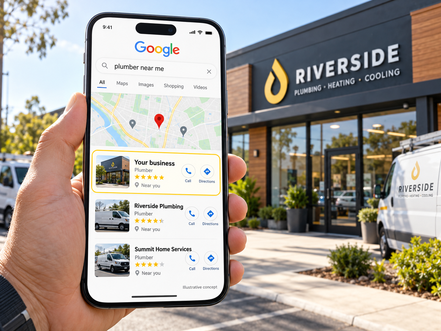Illustration of Google local search results for nearby plumbing businesses.