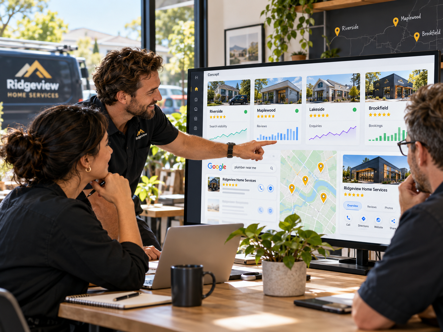 Team reviewing Google visibility and results across multiple business locations