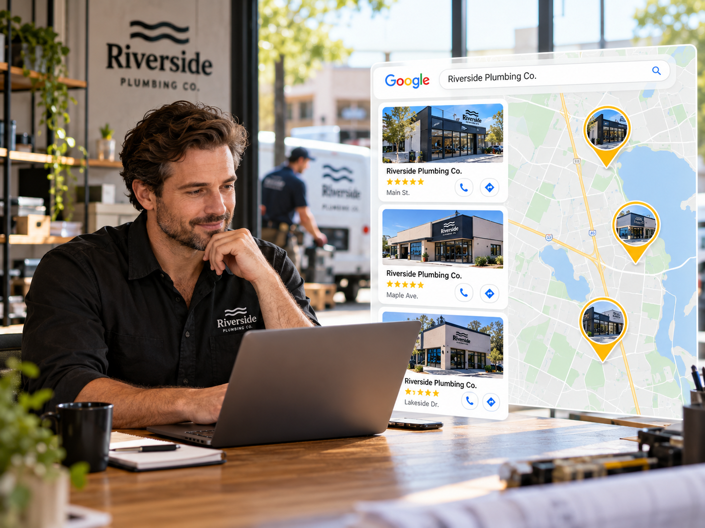 Business owner reviewing local Google visibility for three locations