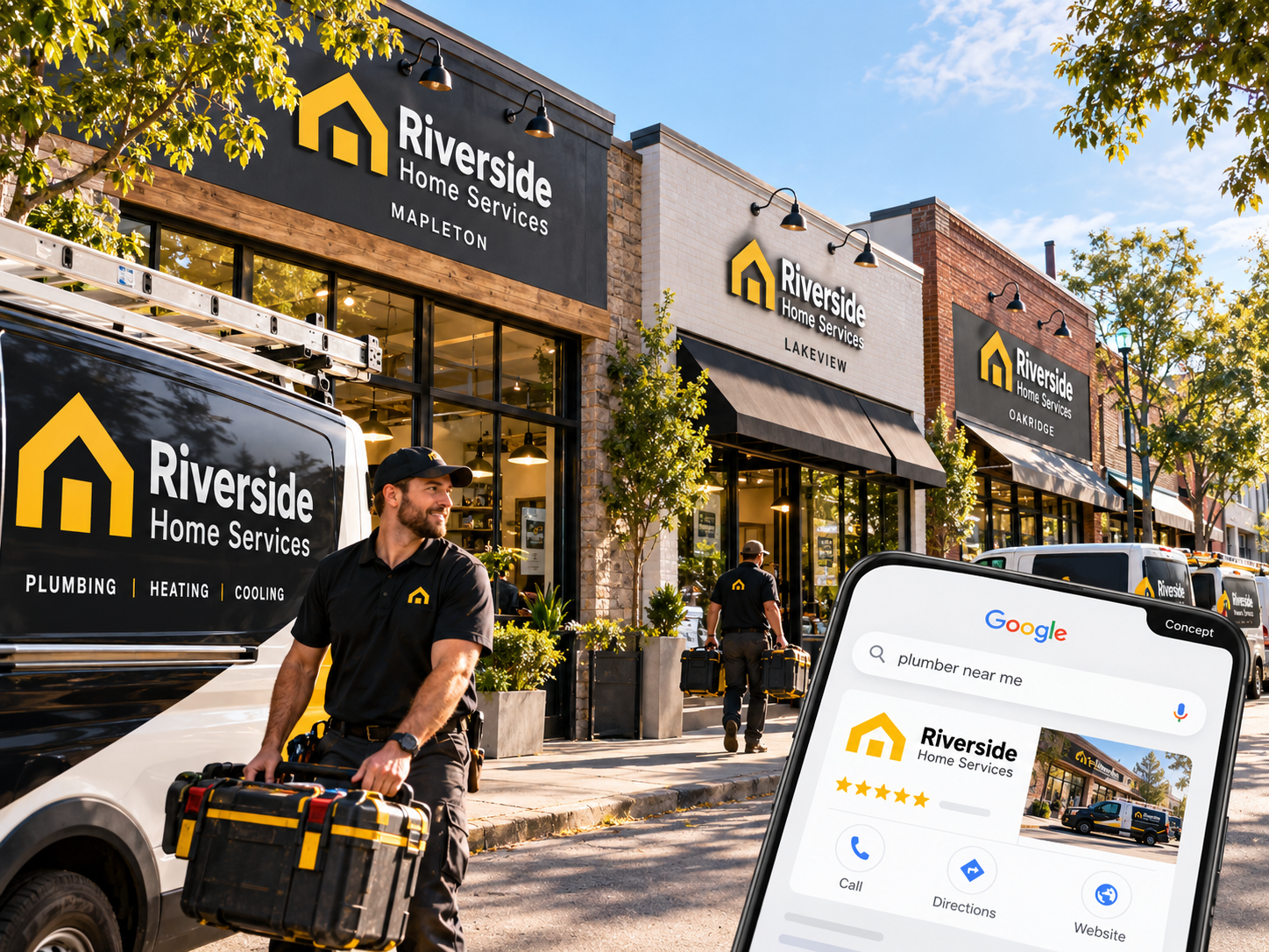 Branded storefronts, service vans and teams connected through Google business listings