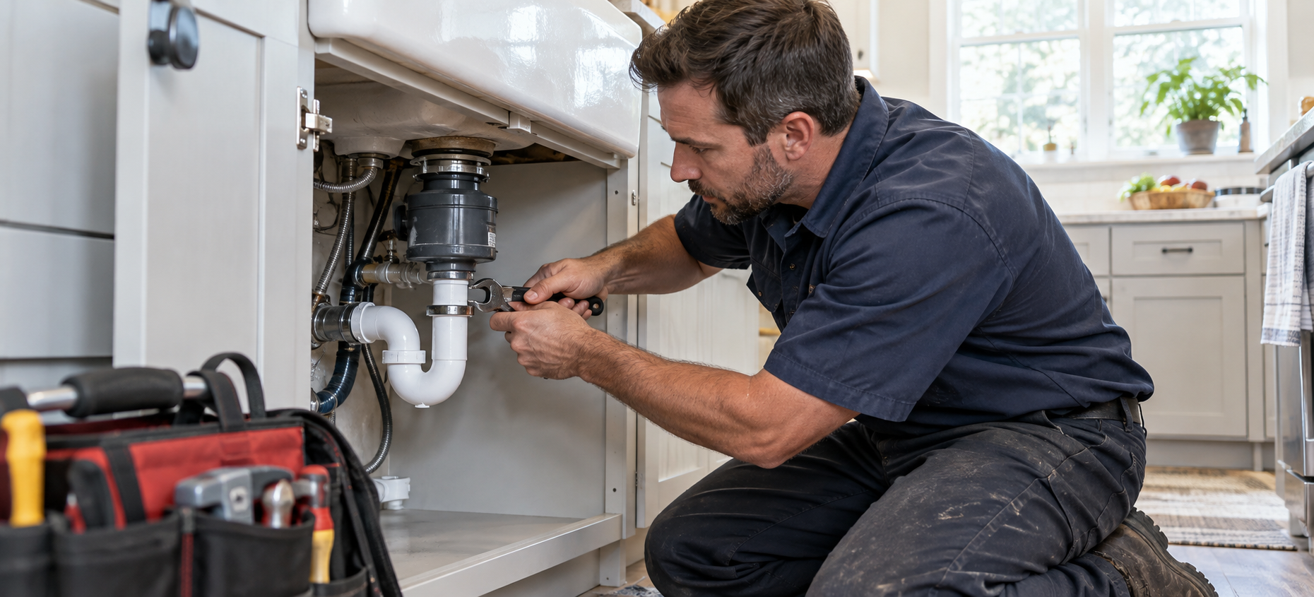 A plumber repairing the drain beneath a kitchen sink.