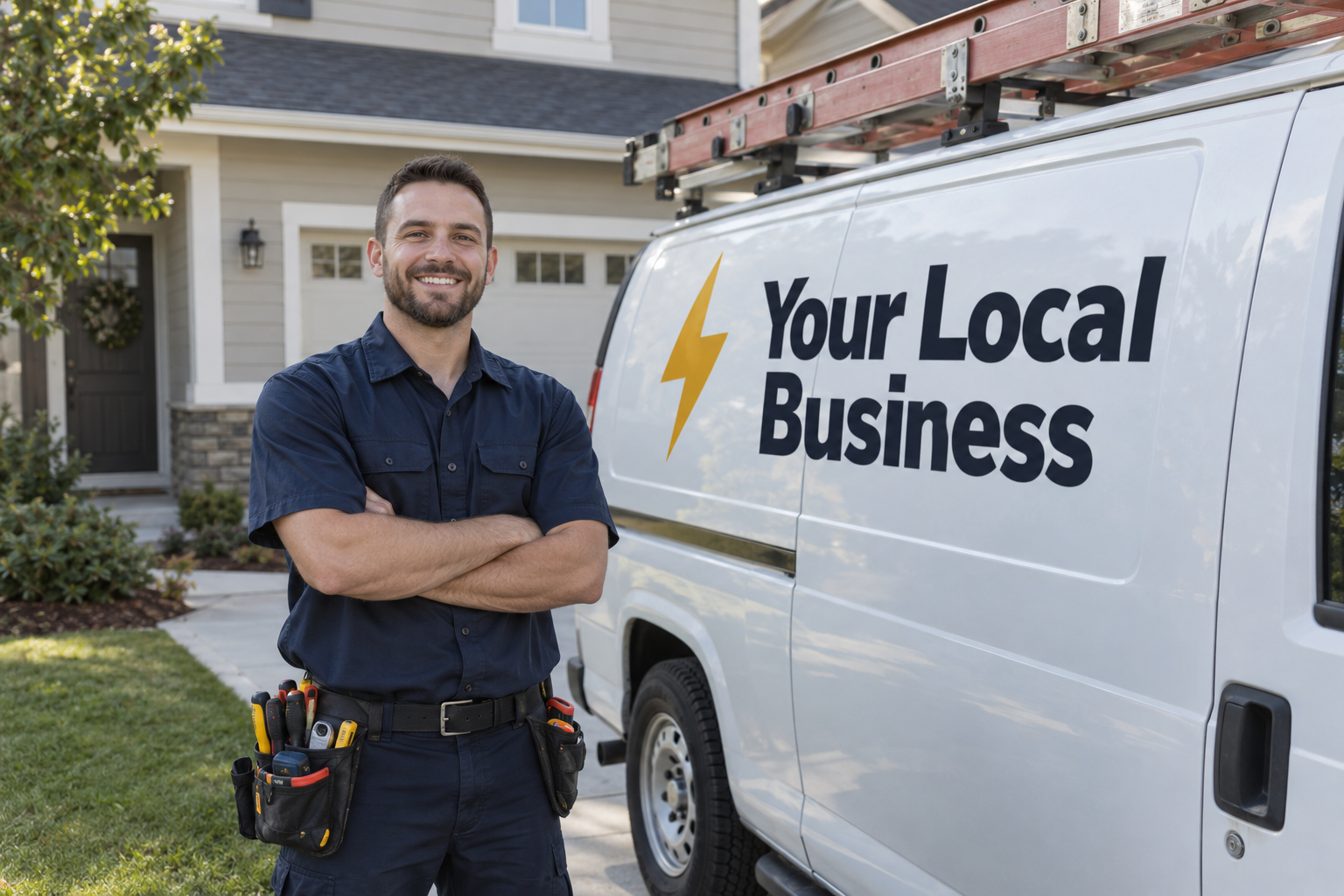 Electrician beside a service van branded Your Local Business