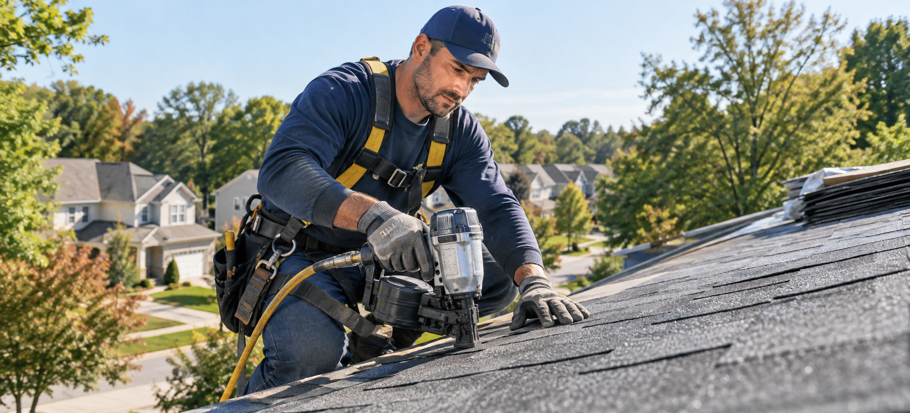 A roofer fastening shingles on a residential roof.