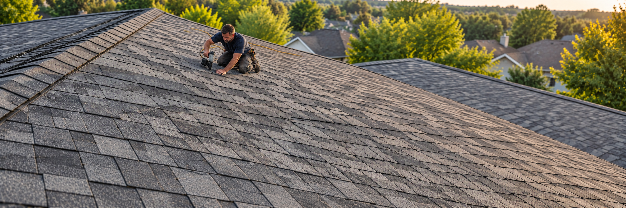 Roofer kneeling on a shingled roof and fastening shingles with a roofing nail gun