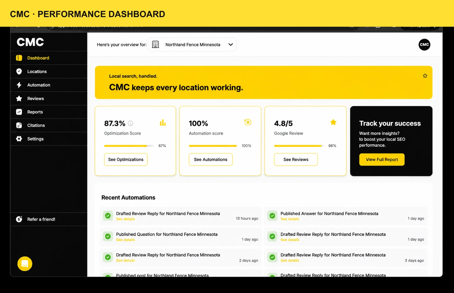 Local Search Analytics & Rank Reporting — CMC customer outcome
