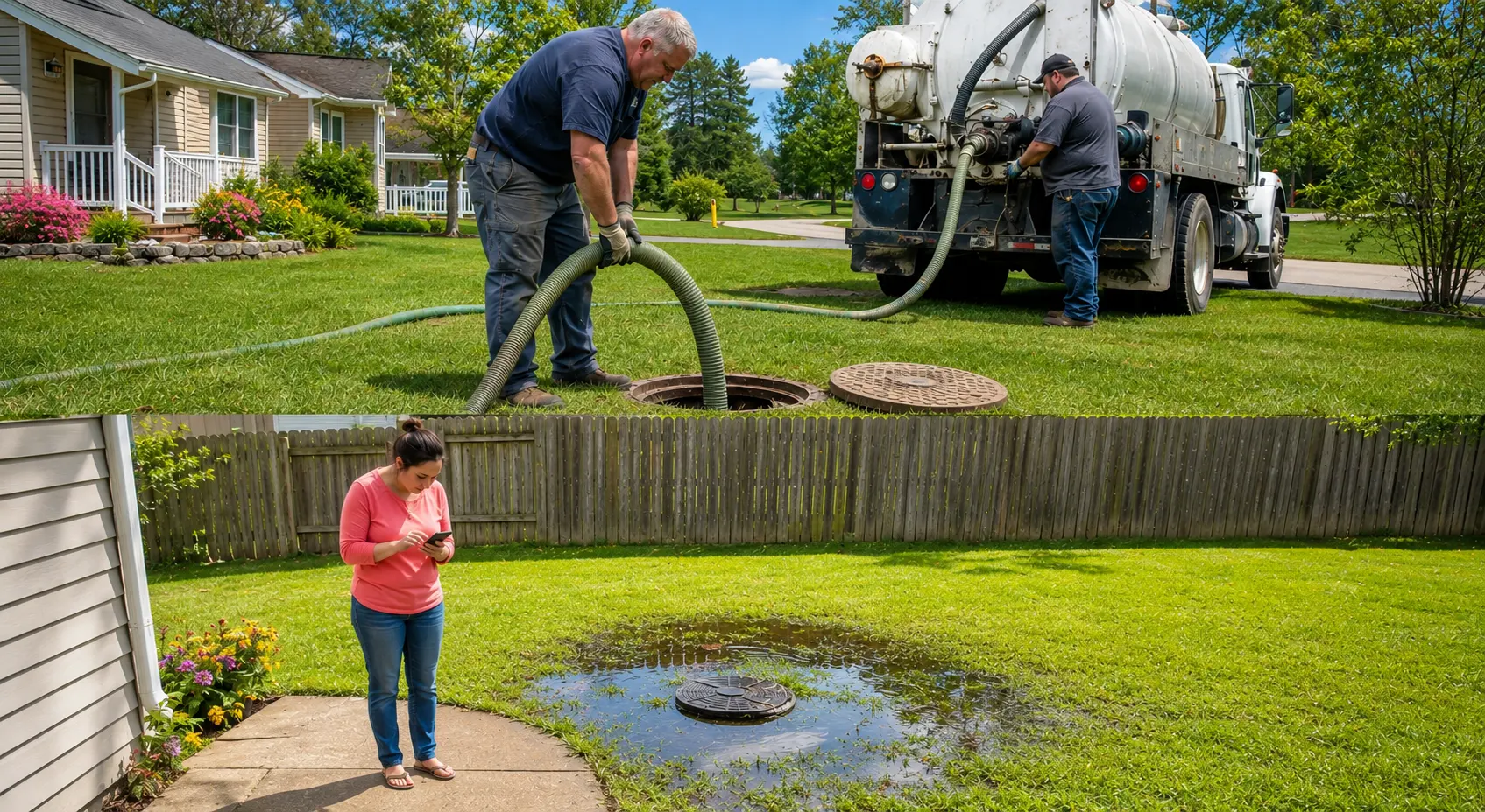 Two septic workers pumping a residential tank on a bright summer day.
