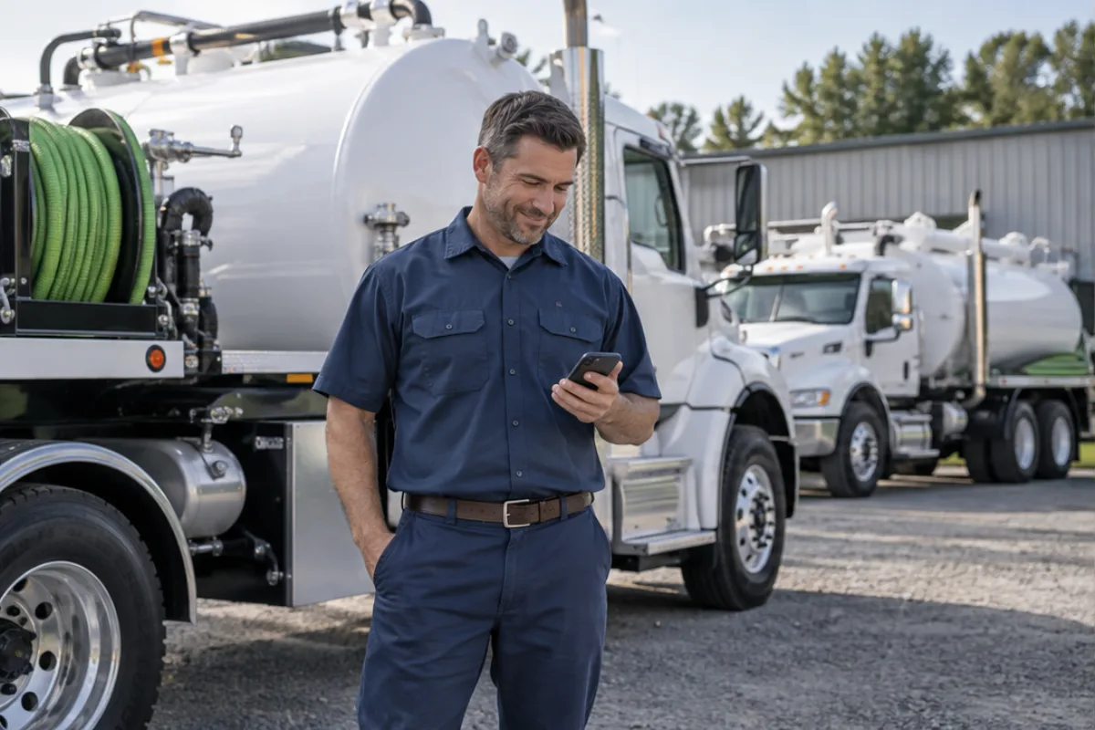 Septic business owner checking job details beside his vacuum truck fleet