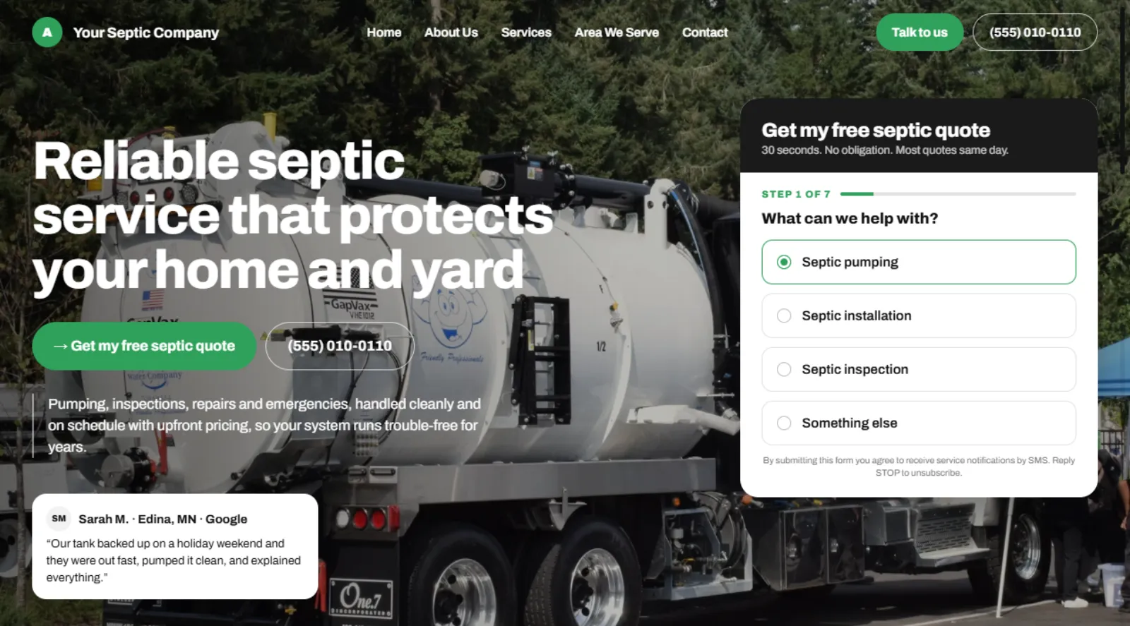 A septic company home page: a truck photograph, a service headline, call and quote buttons, a quote form and a customer review.